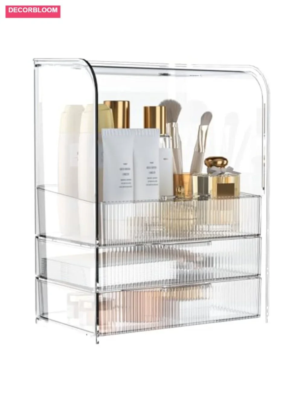 3 Tier Clear Acrylic Makeup Cosmetic Organizer with Lid & Drawers - Countertop